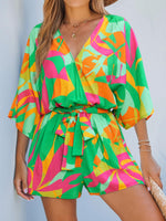 Load image into Gallery viewer, CUPSHE Women's Summer Romper V Neck Pattern Half Dolman Sleeves Belted Casual Wide Leg Mini Jumpsuits Vacation Outfit Lime Green, M
