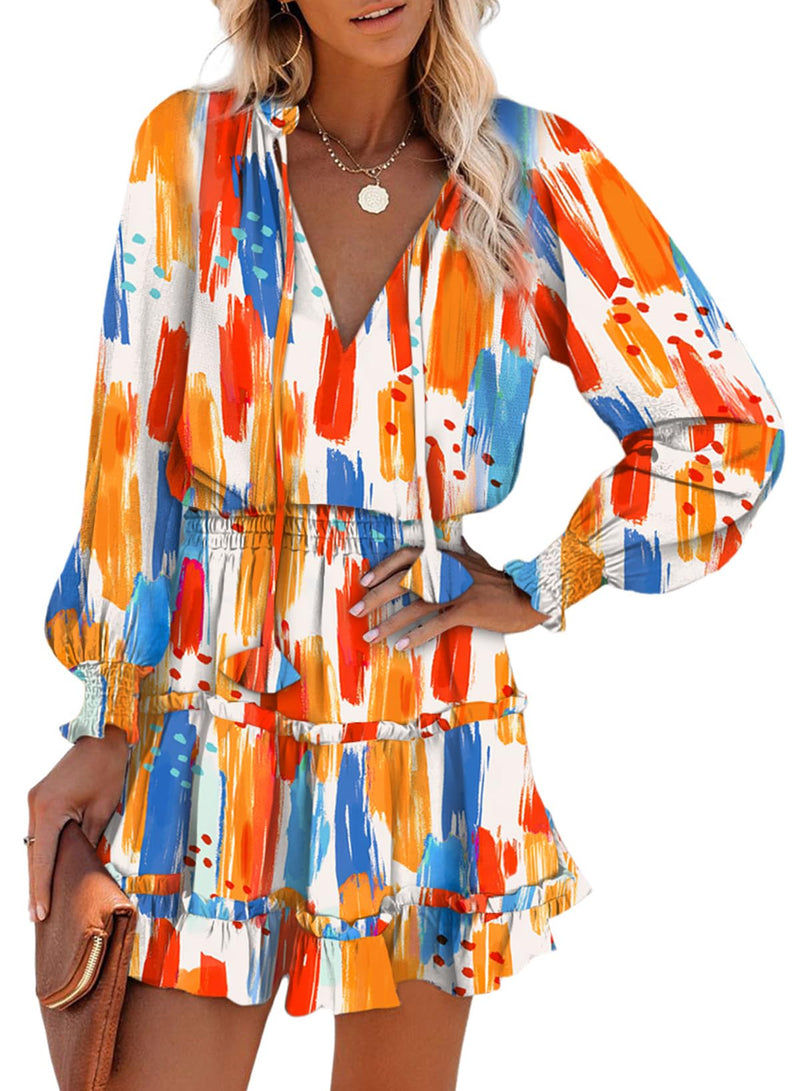 Dokotoo Womens Fall Dresses Resort Wear for Women 2025 Casual V Neck Ruffle Tiered Chiffon Bohemian Floral Print Long Sleeve Elegant Smocked Empire Waist Swing Mini Dress Sundresses Small