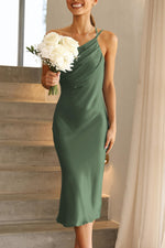 Load image into Gallery viewer, PRETTYGARDEN Women&#39;s Midi Satin Dress One Shoulder Spaghetti Strap Backless Ruched Summer Bodycon Dresses (Army Green,Small)
