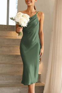 PRETTYGARDEN Women's Midi Satin Dress One Shoulder Spaghetti Strap Backless Ruched Summer Bodycon Dresses (Army Green,Small)