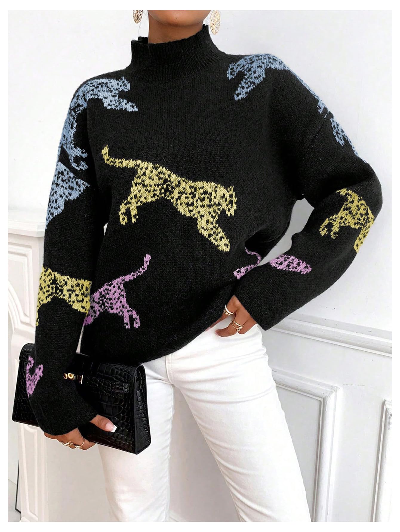 WDIRARA Women's High Neck Sweater Leopard Pattern Long Sleeve Fuzzy Knitted Pullover Top Black Medium