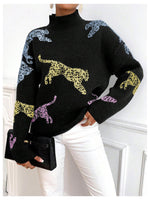 Load image into Gallery viewer, WDIRARA Women&#39;s High Neck Sweater Leopard Pattern Long Sleeve Fuzzy Knitted Pullover Top Black Medium
