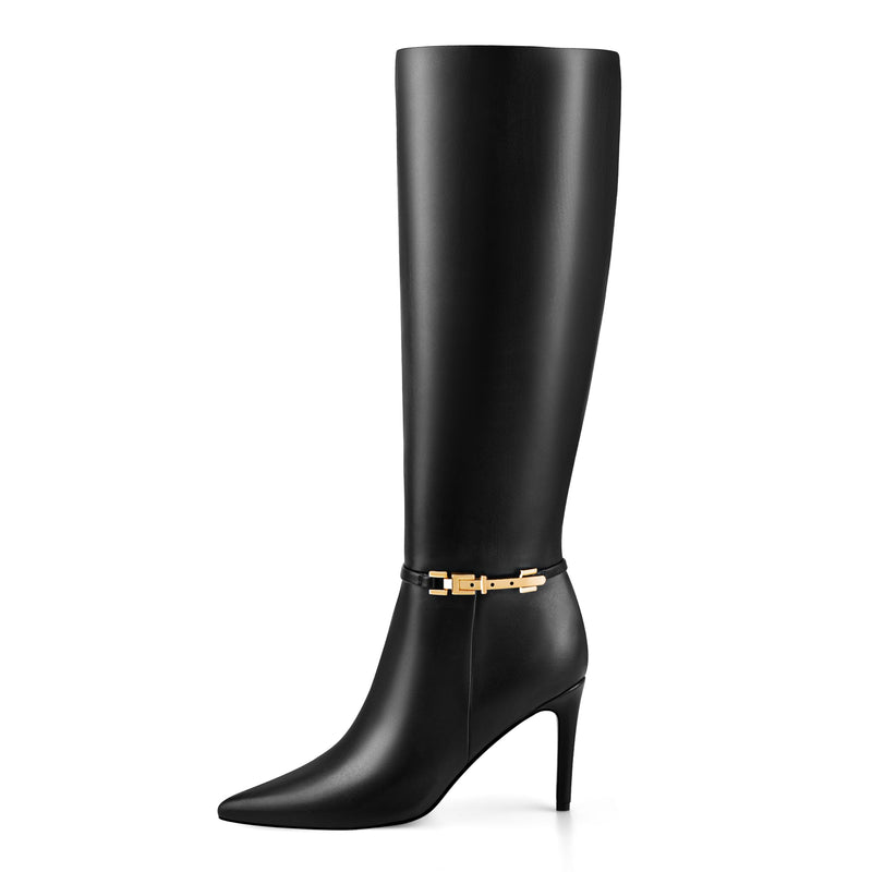 Adrizzlein Black Knee High Boots Women Pointed Toe Stiletto Tall Boots Sexy High Heel Long Boots Fashion Dress Shoes With Side Zipper Black Size 8.5