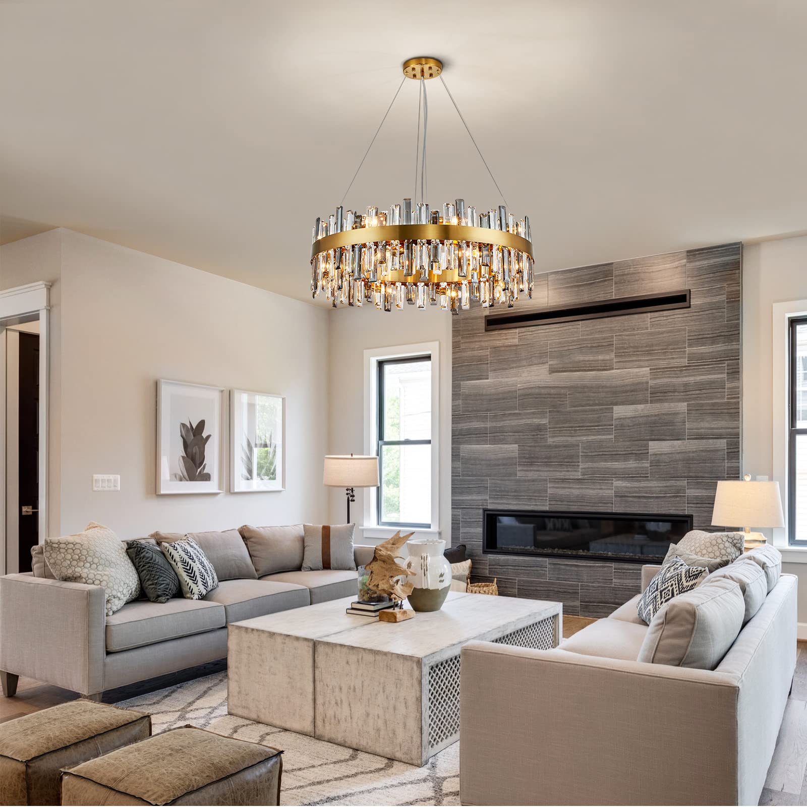 Siljoy Modern Crystal Chandelier 16 Lights Luxury Gold Round 2 Tiers Raindrop Chandelier Dimmable Flush Mount Crystal Ceiling Light for Dining Room Living Room Entryway Foyer D31.5''