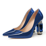 Load image into Gallery viewer, JANSEVEN Women Chunky Heels Pumps Royal Blue Crystal Block Heels with Rhinestones 4 Inches Pointed Toe Sexy Patent Leather Slip on Bridal Party Wedding Dress Shoes US Size 7.5
