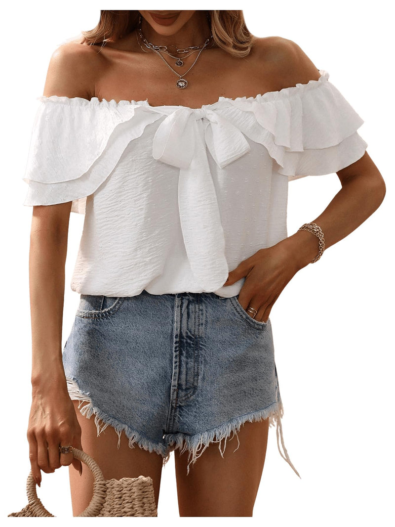 SweatyRocks Women's Off Shoulder Ruffle Trim Knot Front Blouse Tiered Layer Butterfly Short Sleeve Chiffon Tops Summer White M