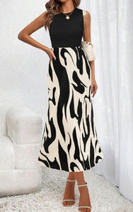 PRETTYGARDEN Womens Skirts Midi Length High Waist Zebra Print A Line Pleated Long Skirt Flowy Summer Stretch Maternity Skirt (Beige, Large)