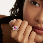 Load image into Gallery viewer, RANDES Cushion Cut Ruby Birthstone Ring Sterling Silver 3 Carat Engagement Rings Double Halo Red Stone Promise Wedding Ring Size 6
