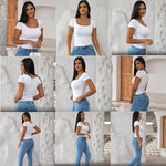 Load image into Gallery viewer, Dwnval Womens Summer Sexy Square Neck Tops Double Lined Short Sleeve Shirts Slim Fit Crop Top(Orange, S)
