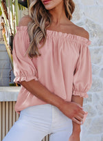 Load image into Gallery viewer, EVALESS Womens Tops Spring Summer Fashion Clothes 2025 Pink Short Sleeve Shirts Blouses for Women Dressy Casual Holiday Outfits for Work Cute Round Neck Basic Pleated Tops Off Shoulder Blouse, Medium
