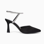 Load image into Gallery viewer, Coutgo Women Rhinestone Heels Kitten High Satin Pumps Pointed Toe Sparkly Sexy Wedding Dress Shoes Black
