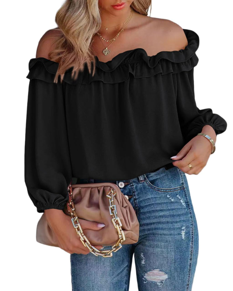 evnanic Womens Off The Shoulder Tops for Women Casual Loose Long Sleeve Blouse Shirts Black M