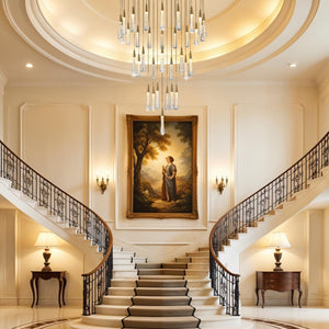 34-Light Gold Chandeliers for High Ceilings, Large Raindrop Chandelier for Foyer, Entryway, Staircase, Luxury Long Big Hanging Light Fixtures with Glass, Brass Pendant Light Fixtures Living Room