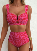 Load image into Gallery viewer, Herseas Women's U Wire Cutout Two Piece Bikini Sets Floral Print High Waisted Tummy Control Swimsuits Push Up Adjustable Wide Straps Bathing Suits Casual Resort Outfits Fuchsia Floral X-Large
