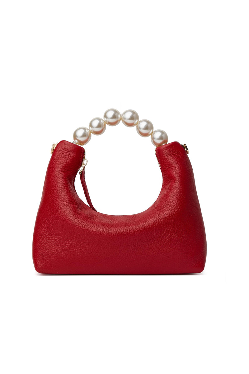 DORIS&JACKY Genuine Leather Top Handle Clutch Bag for Women Small Designer Pearl Tote Purse with Crossbody Chain Strap (Cowhide-Red)