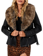 Load image into Gallery viewer, Bellivera Women's Faux Leather Jacket Moto Fleece-Lined Belt Coat with Removable Fur Collar 9203 Blackyellow XXL
