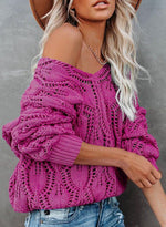 Load image into Gallery viewer, Dokotoo Women's Sweaters Long Sleeve V Neck Crochet Hollow Out Loose Fit Cute Pullover Knit Sweaters for Women 2025 Fall Trendy Casual Off The Shoulder Tops Rose Red
