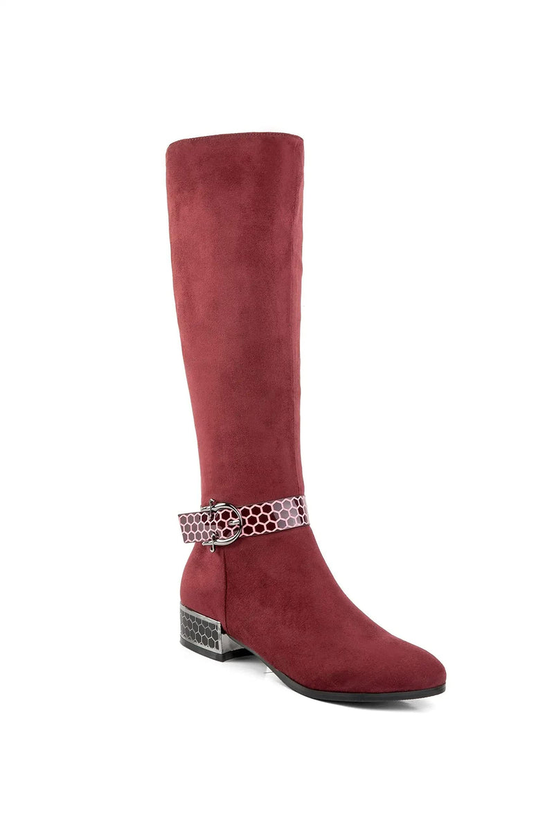 ANN CREEK Women's 'Orizea' Low Block Heel Beehive Patterned Straps Faux Suede Boots, Chunky Heel Zip Riding Knee High Almond Toe Tall Pointed Toe Buckle Long Boots Burgundy - 7