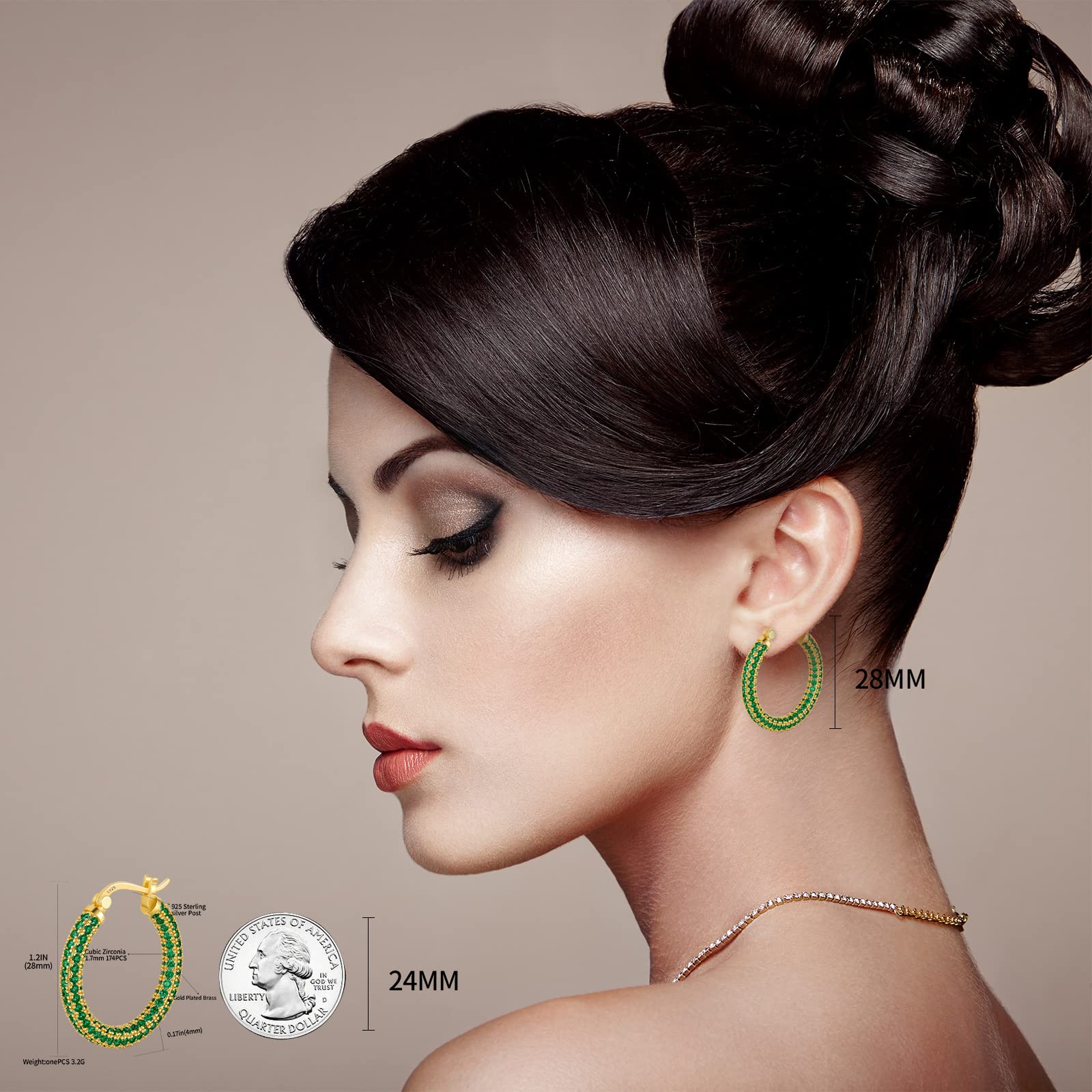 925 Sterling Silver Post Hoop Earrings for Women Gilrs Green Cubic Zirconia 14K Gold Plated Chunky Gold Hoop Earrings weinuo Jewelry