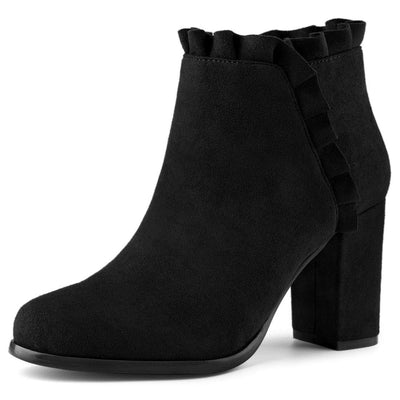 Allegra K Women's Ruffle Block Heel Black Ankle Boots 9 M US