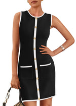 Load image into Gallery viewer, KIRUNDO Women&#39;s Semi Formal Business Casual Dress 2025 Summer Elegant Knit Slim Fit Color Block Button Work Office Dresses(Black, Medium)
