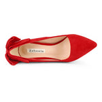 Load image into Gallery viewer, Zzheels Women's Bow High Heels Closed Toe Heels with Bow Chunky Heels Bridal Wedding Shoes Red Suede US8
