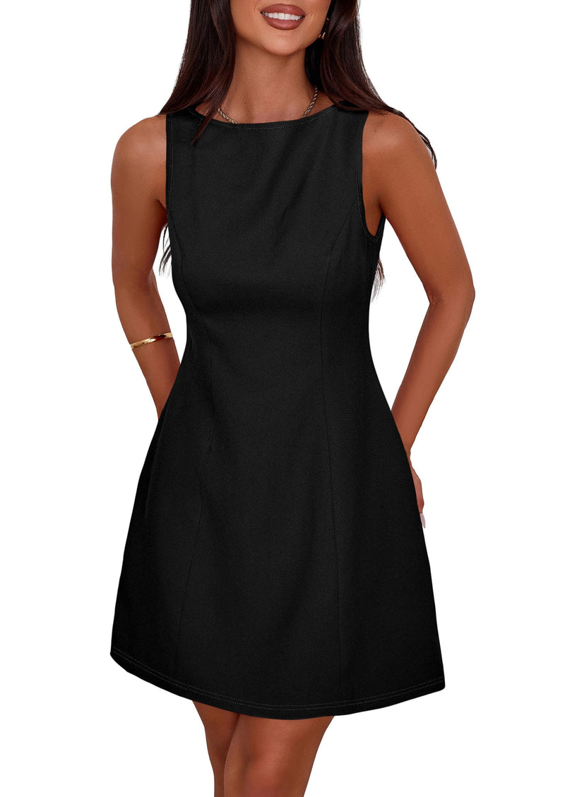 PRETTYGARDEN Womens Formal Short Dresses 2026 Summer Sleeveless Boat Neck A Line Elegant Mini Cocktail Party Dress (Black,Medium)