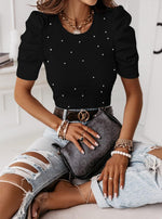 Load image into Gallery viewer, Remidoo Puff Sleeve Tops for Women Pearl Top Elegant Short Sleeve T Shirt Crewneck Fitted Rib Knit Tee Black X-Large
