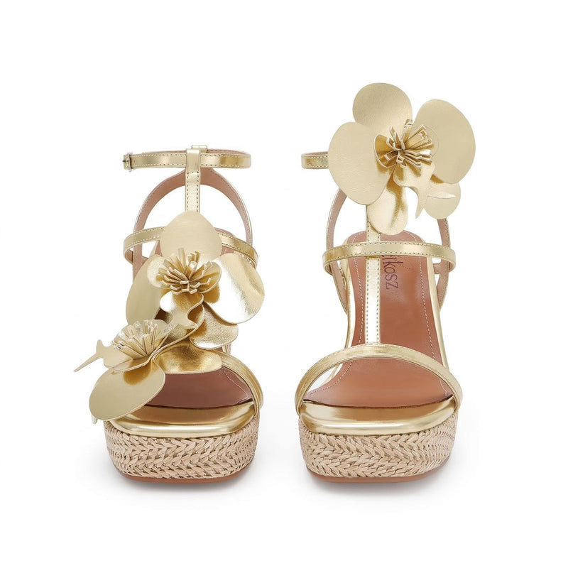 LACIKOSZ Gold Heels for Women Comfortable Wedge Sandals Beige Cute Floral Raffia Heels Ankle Strap Espadrilles for Women Woven Strappy Open Toe Platform Sandals Summer Beach Vacation Dress Shoes