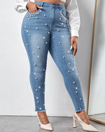 Load image into Gallery viewer, Ladyful Women's Pearls Skinny Jeans Butt Lifting High Waist Stretchy Rhinestones Denim Pants Light Blue
