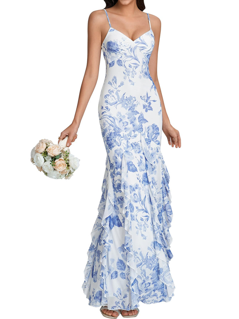 URYIAO Summer Floral Wedding Guest Maxi Dresses for Women Formal Ruffle Bodycon V Neck Cocktail Long Dress S Bluefloral