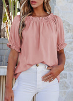 Load image into Gallery viewer, EVALESS Womens Tops Spring Summer Fashion Clothes 2025 Pink Short Sleeve Shirts Blouses for Women Dressy Casual Holiday Outfits for Work Cute Round Neck Basic Pleated Tops Off Shoulder Blouse, Medium
