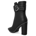 Load image into Gallery viewer, Zamikoo Women Boots Ankle Block Chunky Heel Pointed Toe Beaded High Heeled Fall Short Booties Buckle Strap Side Zipper 3.5 Inches Matte Black US Size 7
