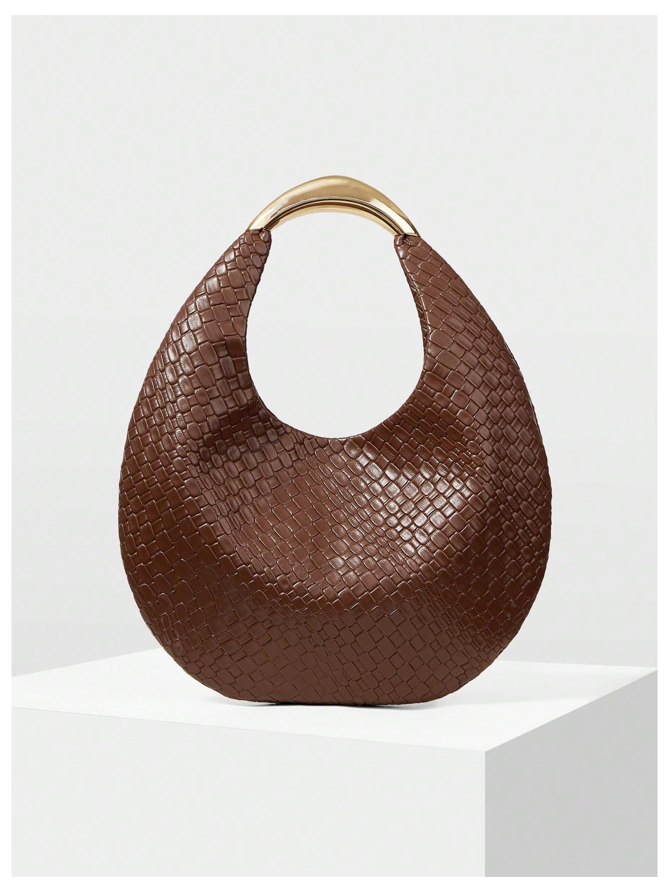 QWINEE Women's Woven Handbag Elegant Clutch Purse Metal Top Handle Cresent Evening Bag Retro PU Leather Clutch Purse Coffee Brown One Size
