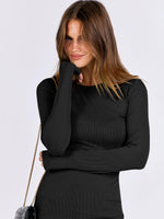 Load image into Gallery viewer, ANRABESS Women Long Sleeve Crewneck Rib Knit Slim Fit Shirts Basic Tee Tops 2025 Casual T-Shirt Going Out Workout Outfits Black Medium

