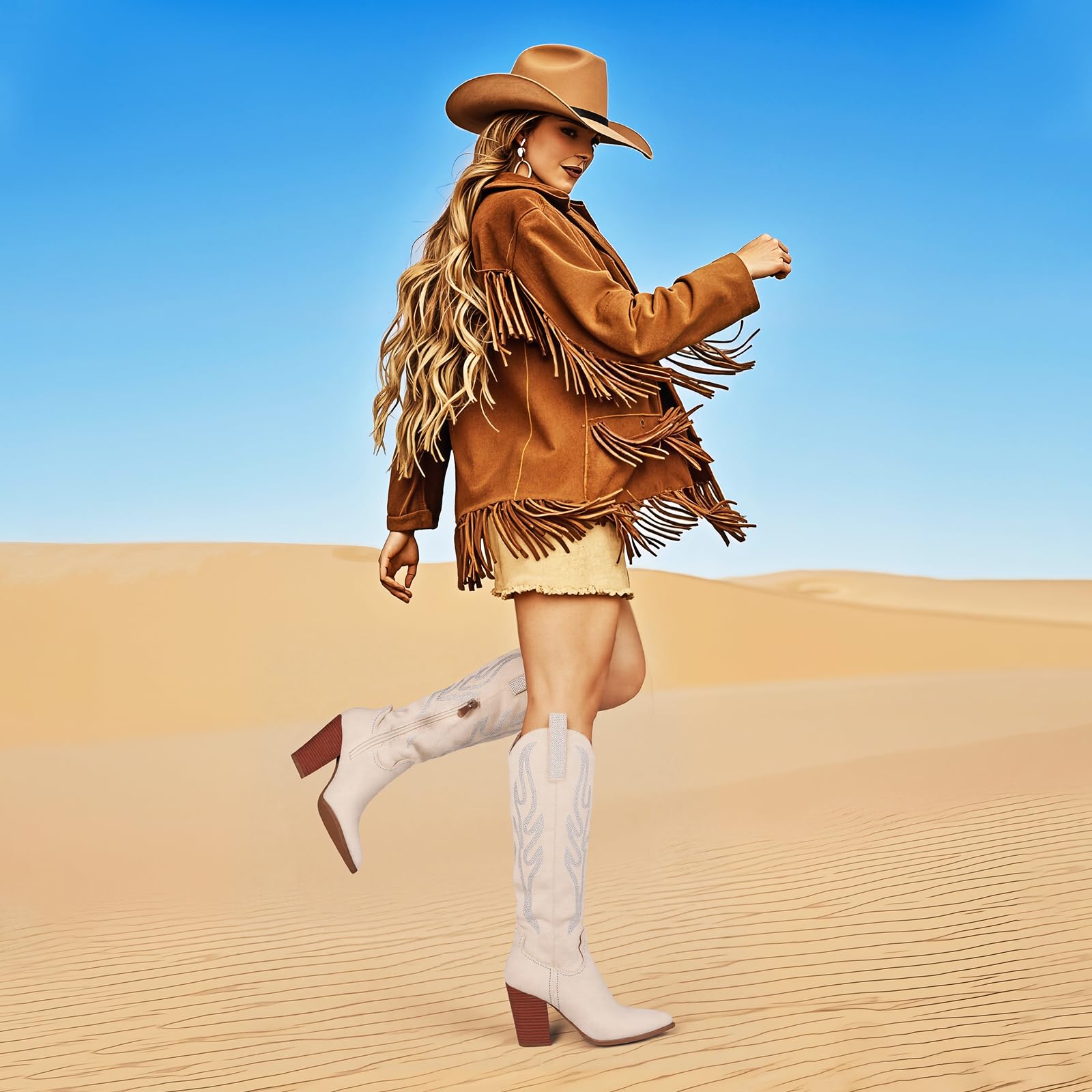 Celbreez Cowgirl Boots with Rhinestone Embroidered Wide Calf Cowboy Boots for Women Pointed Toe Side Zip Western Boots Suede Knee High Boots Chunky Heel Tall Long Boot for Women