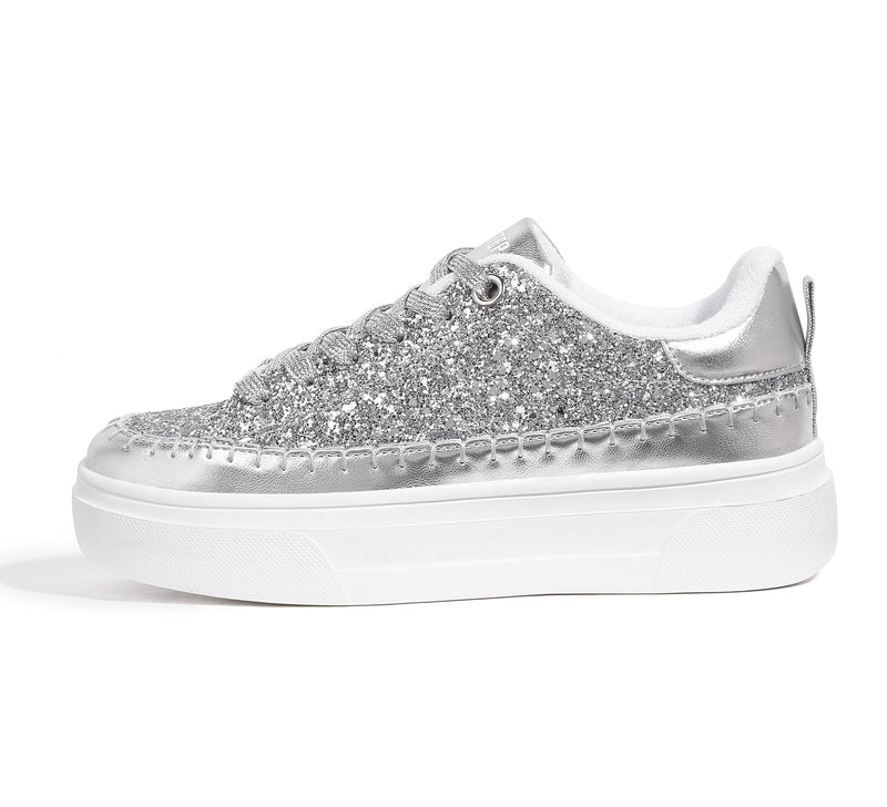 LUCKY STEP Platform Glitter Sneakers for Women Fashion Sparkly Bling Shiny Low Top Tennis Sneakers Faux Leather Casual Walking Shoes(Silver Glitter,10)