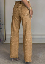 Load image into Gallery viewer, Famnbro Womens Rhinestone Jeans Baggy Y2K High Waisted Straight Wide Leg Sparkly Bling Glitter Denim Pants Brown
