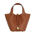 Load image into Gallery viewer, Lafillmiss Genuine Leather Bucket Bag for Women Handheld tote bag with metal clasp, bohemian-style market tote bag, suitable for everyday use and travel, Gift Ready Handbag(Brown)
