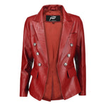 Load image into Gallery viewer, Jild Double Breasted Fancy Buttons Lambskin Leather Blazer Women - Kim Kardashian Long Sleeve Coat Style Leather Jacket Women (FC-Red-M)
