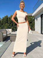 Load image into Gallery viewer, Trendy Queen Skirt Sets Women 2 Piece Going Out Dressy Outfits 2026 Summer Sexy Maxi Bodycon Dresses Off Shoulder Cute Crop Tops Vacation Spring Wedding Guest Party Cocktail Y2k Clothes Apricot S
