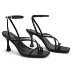 Load image into Gallery viewer, LOOPCHARM Women's Strappy High Heels Sandals Square Open Toe Ankle Strap Slingback Thong Stilettos Shoes for Wedding,Black Pu,7.5
