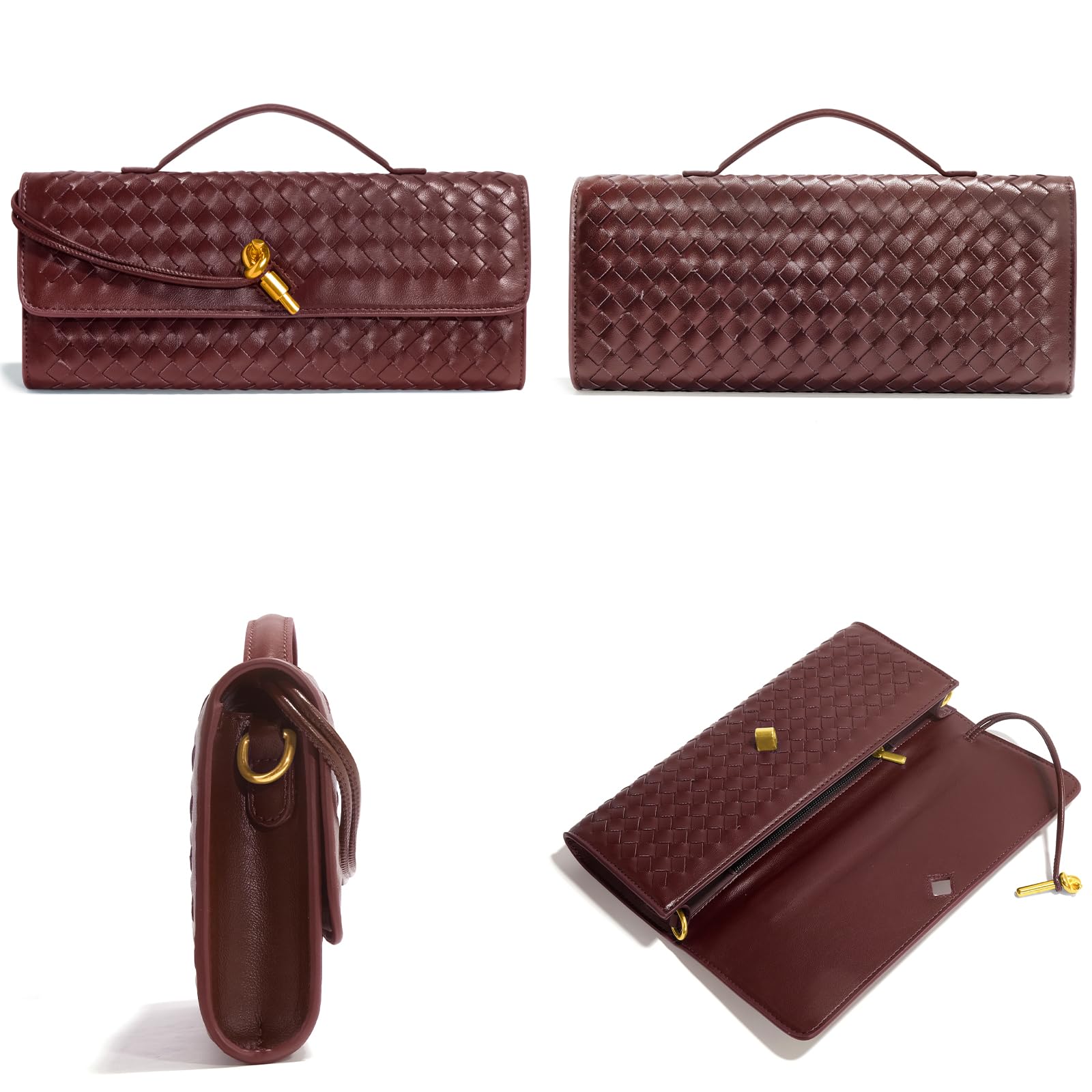 NEWROGENG Woven Clutch Purses for Women, Leather Evening Bag Shoulder Handbag Formal Satchel Crossbody Purse Party Bag, Burgundy Red
