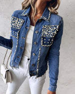 Load image into Gallery viewer, LifeShe Women's Pearls Denim Jacket Cropped Rhinestones Jean Blazer Coat
