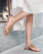 Load image into Gallery viewer, Coutgo Womens Flat Sandals Dress Slide Sandals Thong Summer Beach Shoes with Metal Decorationn, Nude, size 8
