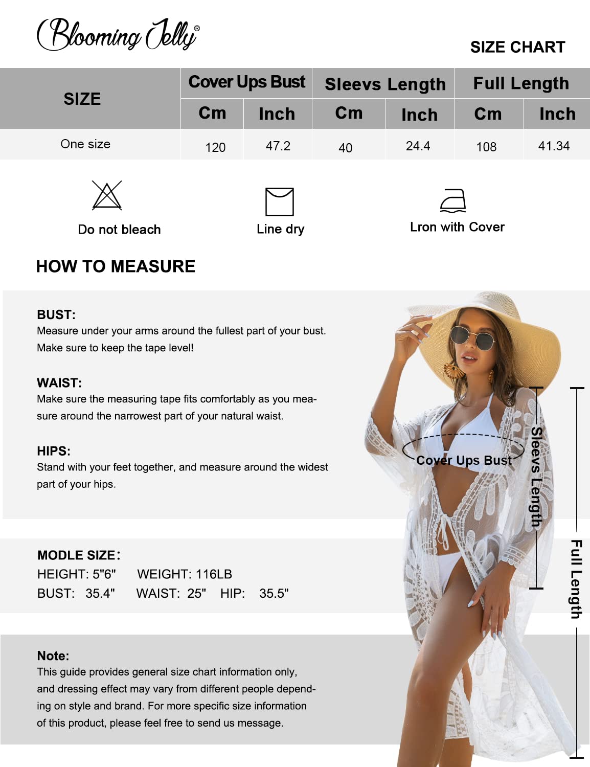 Blooming Jelly Womens Bathing Suit Cover Up 3/4 Sleeve Mesh Swimsuit Coverup Long Floral Beach Lace Kimono Summer Cardigan (One Size, White)
