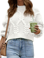 Load image into Gallery viewer, Saodimallsu Womens Cable Knit Cropped Sweater Fall Chunky Puff Long Sleeve Crewneck Loose Casual Pullover Tops White
