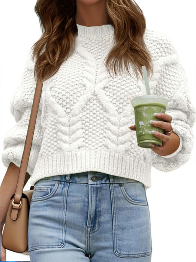 Saodimallsu Womens Cable Knit Cropped Sweater Fall Chunky Puff Long Sleeve Crewneck Loose Casual Pullover Tops White