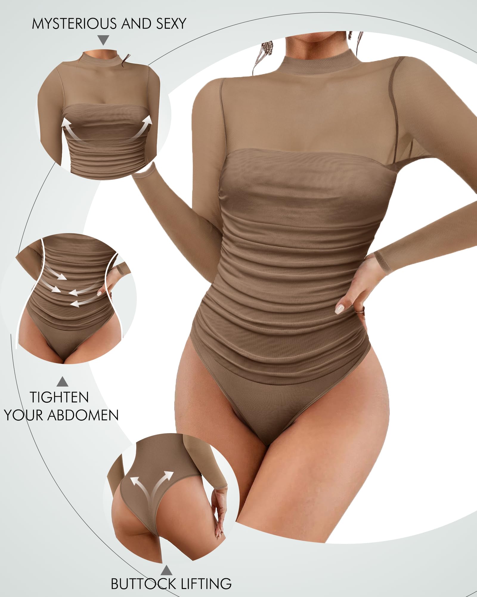 Kentysill Women's Sexy Bodysuit for Outfits: Mock Turtle Neck Long Sleeve Body Suit - Mesh Sheer Ruched Going Out Bodysuits Brown XXL