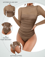 Load image into Gallery viewer, Kentysill Women&#39;s Sexy Bodysuit for Outfits: Mock Turtle Neck Long Sleeve Body Suit - Mesh Sheer Ruched Going Out Bodysuits Brown XXL
